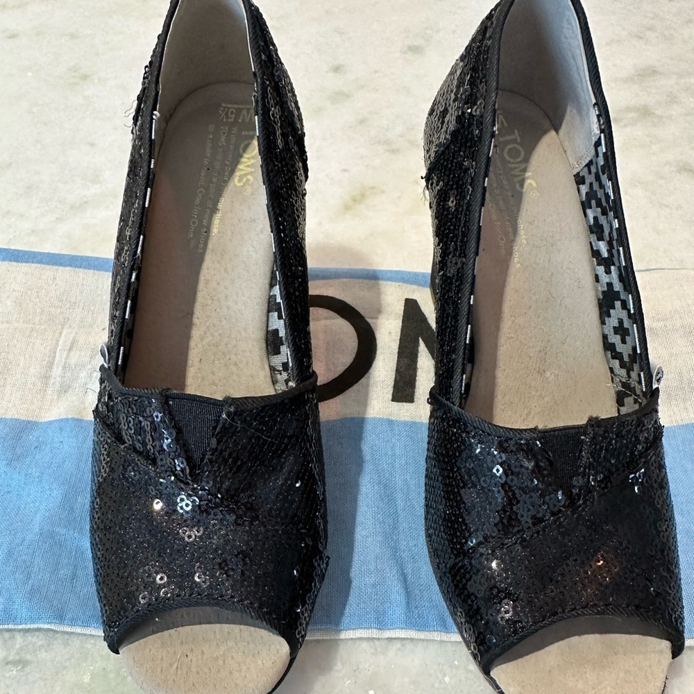 TOMS black sequins & satin wedges